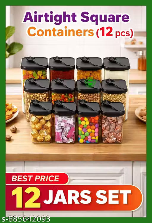 Premium Airtight Square Storage Jars (Pack of 12) - Modular Kitchen Organizers